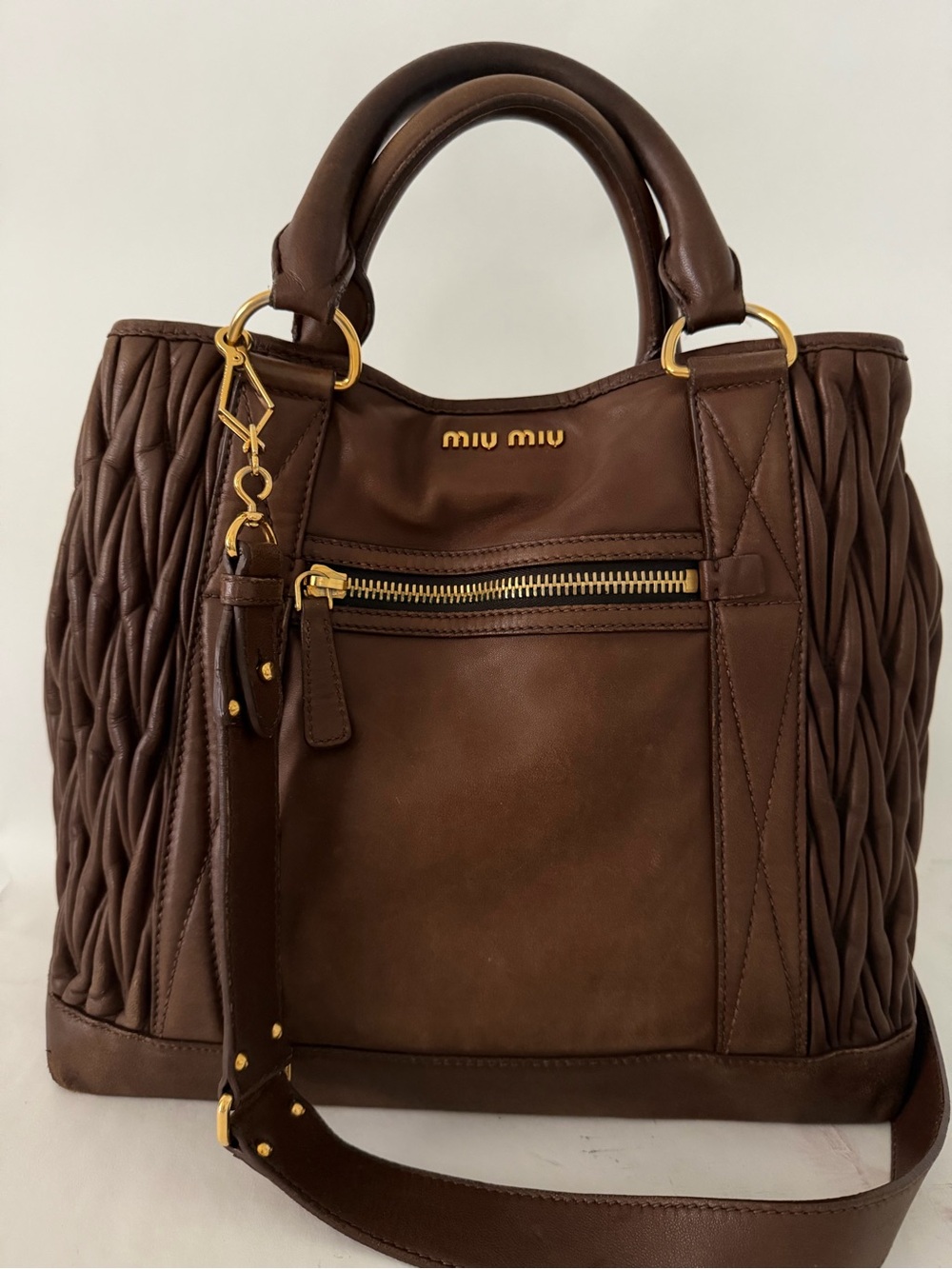 Miu Miu Chocolate Brown Quilted Leather Tote with Gold Hardware